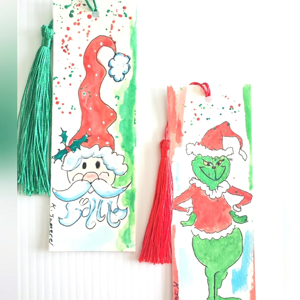 Hand Painted Santa and Grinch Watercolor Bookmarks with Tassels